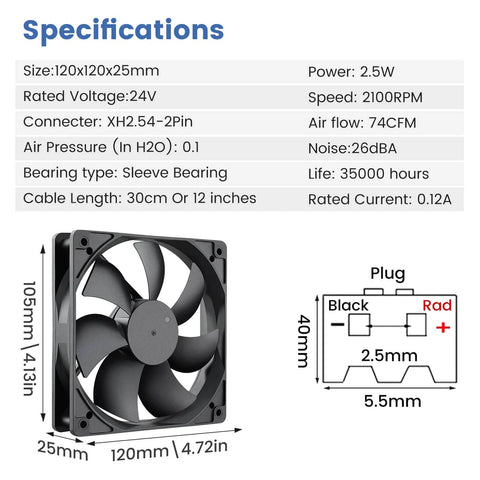 Diagram shows 120mm PC Case Fan 24V DC Brushless Cooling High Airflow 74CFM At 2100RPM Quiet 26dBA with specifications and measurements
