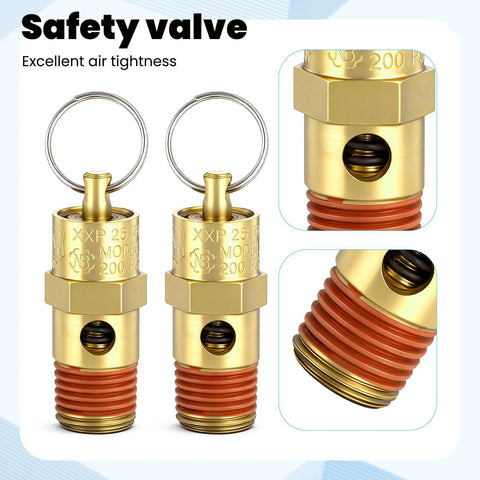 Brass air compressor safety check valves, front view, 2 pcs, 1/4 in NPT, 200 PSI pop-off