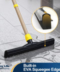 Big Time Heavy Duty Floor Squeegee Scrubber With Adjustable Telescopic Pole And Ergonomic Grip clearing water from tiled floor.