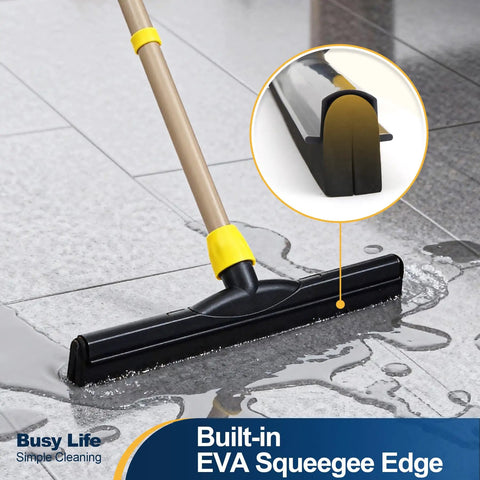Big Time Heavy Duty Floor Squeegee Scrubber With Adjustable Telescopic Pole And Ergonomic Grip clearing water from tiled floor.