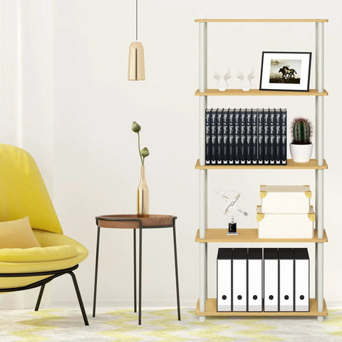 Five Tier Corner Storage Rack With No Sweat Toolless Setup And Straight Up Solid Beech Finish For Easy Home Office Living Room Or Garage Organization That Is A Total Game Changer