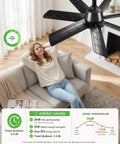 28 Inch Socket Mount Fan With Led Remote, E26 Bulb Holder, 3000K To 6000K Dimmable Glow, Six Silent Windspeeds, Quick Auto Timer, Matte Black Housing For Living Rooms Or Workshops, Knob Turn Easy Install And Knocks Out Noise with a woman enjoying airflow on a couch.