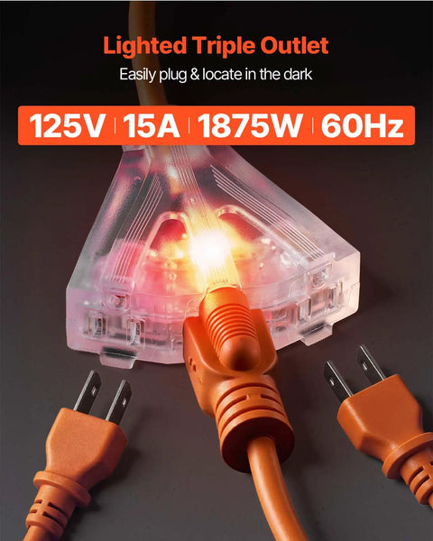 Heavy Duty 45 Ft Retractable Extension Cord Reel With Lighted Triple Tap Outlet, 15 Amp Circuit Breaker, 12AWG 3C SJTOW Cord, 180 Degree Swivel Bracket For Ceiling Or Wall Mount, Weather Resistant And Tangle Free. Lighted triple outlet, 125V 15A