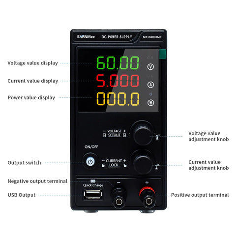 Front view of High Precision Variable Power Supply 60V 5A 300W Bench Regulated Unit with 4 Digit LED Display USB Port