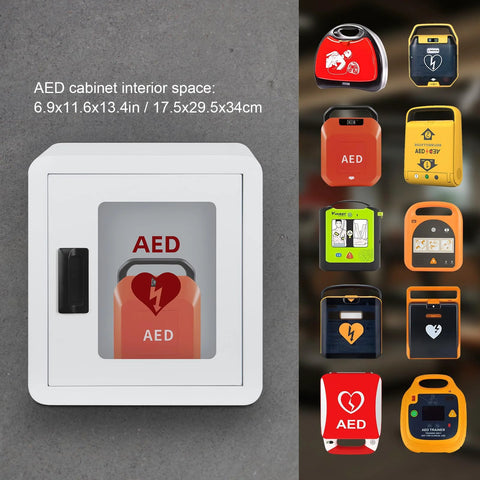 Tripolss AED cabinet wall-mount; white steel first-aid box with transparent front window and black latch