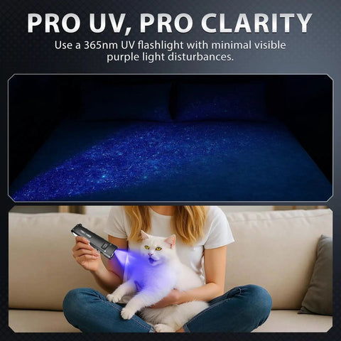 Ultra Slim Flat EDC Flashlight Rechargeable 1800 Lumen Pocket Light with 365nm UV and RGB Modes in use on a cat