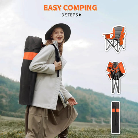 Woman carrying Two Pack Padded Oversized Camping Chairs For Adults With Cup Holder Cooler Bag, folding portable lawn chair steps.