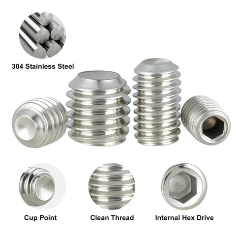 Close-up of Headless Set Screw Kit 510 Piece 13 Size Metric M3 M4 M5 M6 M8 Stainless Steel 304 Socket Cup Point Screws.