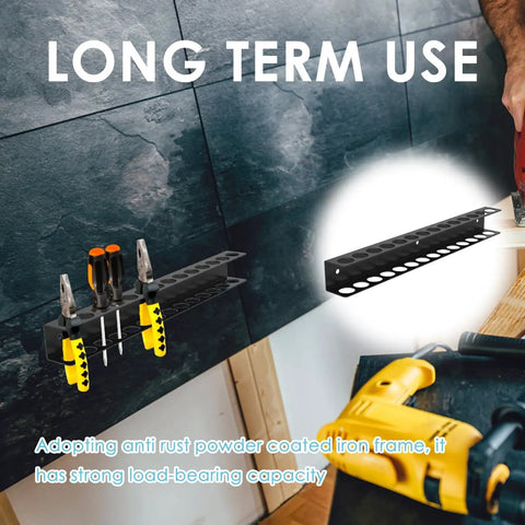 Heavy Duty Screwdriver Organizer Wall Mount With 14 Holes And Metal Plier Holder installed on a garage wall