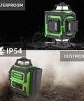 Top Tier 4D Green Laser Level With 360 Self Leveling Cross Lines showcases IP54 waterproof and dustproof features.