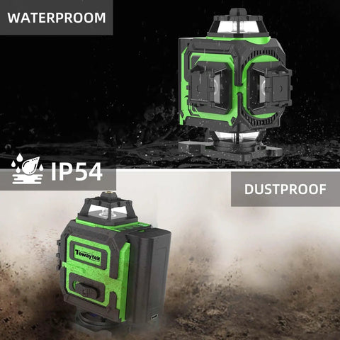 Top Tier 4D Green Laser Level With 360 Self Leveling Cross Lines showcases IP54 waterproof and dustproof features.