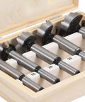 Top Shelf 5 Piece Forstner Drill Bit Set Woodworking Hinge Cutter Round Shank Multi Tooth Bits for Hardwood Softwood Plywood in wooden case.