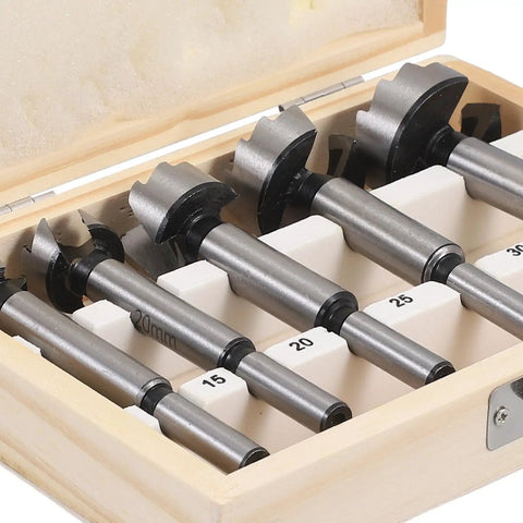 Top Shelf 5 Piece Forstner Drill Bit Set Woodworking Hinge Cutter Round Shank Multi Tooth Bits for Hardwood Softwood Plywood in wooden case.