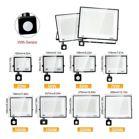 JUDYSSY Led Floodlight Motion Sensor Led Reflector 50W 100W Outdoor Waterproof Spotlight with sizes and specifications