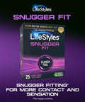 Box of Snugger Fit Latex Condoms With UltraGlide Lubricant, 25 Count, visible text on purple background