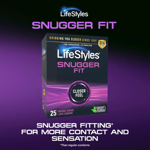 Box of Snugger Fit Latex Condoms With UltraGlide Lubricant, 25 Count, visible text on purple background