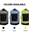 Three Deluxe Mesh Dive Backpack Bags in black, blue, and yellow for scuba gear and snorkeling, durable PVC mesh for beach days and dive sessions.