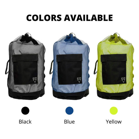 Three Deluxe Mesh Dive Backpack Bags in black, blue, and yellow for scuba gear and snorkeling, durable PVC mesh for beach days and dive sessions.