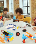 Children assembling Totally Cool STEM Kits For Kids Ages 6 To 12 With Solar Powered Car And Wind Powered Car on table.