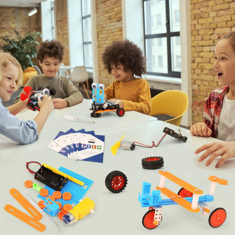 Children building with Five In One Robotics Kit For Kids Aged 8 To 12 Build Obstacle Avoidance Robot Solar Powered Car and more