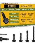 Black Zinc Stainless Self Tapping Screws Set, 121 Piece, 410 Stainless, Hex Washer Head, Black Finish in packaging