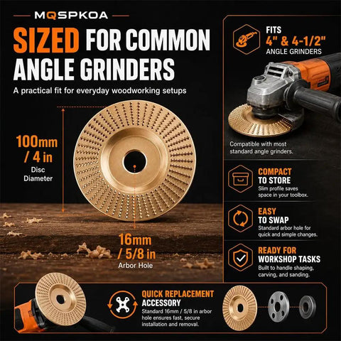Beefy Tungsten Carbide Wood Carving Discs Set For 4 Inch And 4.5 Inch Grinders with size details and grinder compatibility