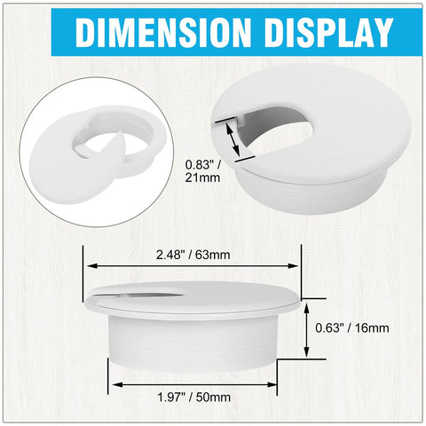 JTemgle 2 Inch White Desk Grommet Cable Hole Cover dimensions, plastic cable organizer, product dimensions.