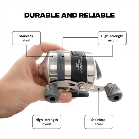 Close-up of a hand holding a Spincast Bowfishing Reel For Slingshot Bow Fishing Stainless Steel Construction with reversible handle