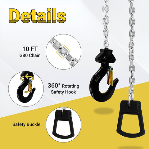 Half Ton Lever Chain Hoist Come Along With G80 Chain 10 Feet Lift Portable Manual Hoist 1100 Lbs Capacity Heavy Duty Chain Block With Hook Easy To Use For DIY And Light Industrial Lifting, featuring 10 ft G80 chain and rotating safety hook.