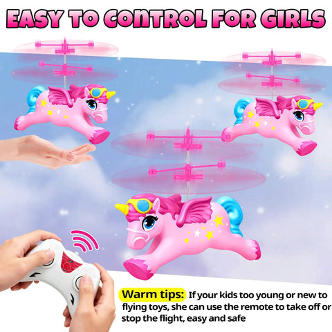 Magical Flying Unicorn Toy For Girls With LED Lights Fairy Flying Ball Helicopter Drone For Indoor Play, remote control in use