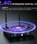 Image of 2.4GHz AI Auto Scan Wireless Microphone System Pro Set showing 300ft range and anti-interference features.