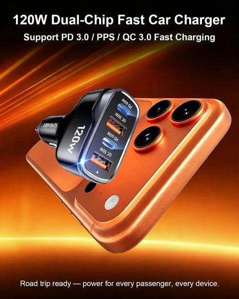 Rolling With A Heavy Duty 120W Car Charger That Keeps All Your Gadgets Juiced With Blazing Fast Power Through Four Usb Ports