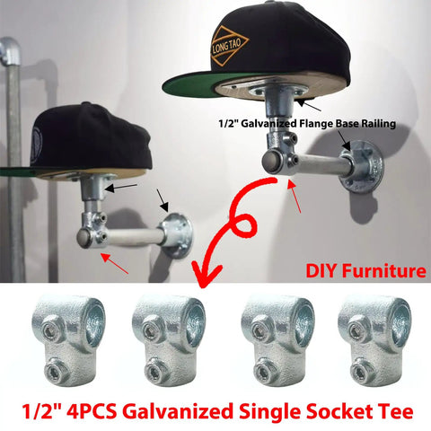 Half Inch Galvanized Steel Pipe Tee Fitting 90 Degree Single Socket 4 Pack used in DIY furniture assembly