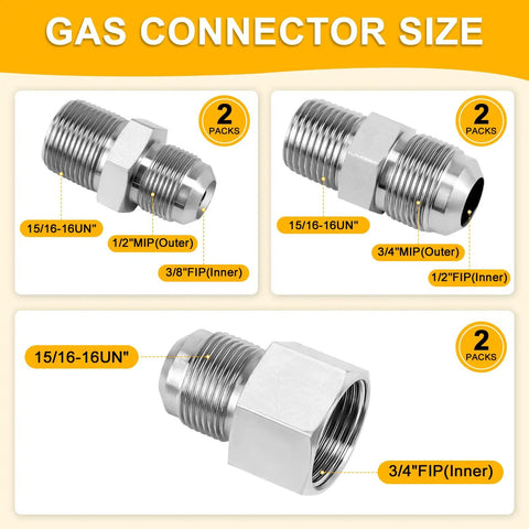 72 Inch Flexible Gas Line Kit Yellow Coated Stainless Steel Gas Hose With Five Eighths Outside Diameter And One Half Inside Diameter Includes Half FIP Adapters, Three Quarter MIP Adapters, And Half MIP Adapters For Dryer Stove Water Heater gas connector size chart.