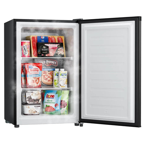 30 Cubic Foot Upright Freezer Featuring A Reversible Door Built For Dorm Rooms Tiny Apartments And Home Workspaces In Matte Black Finish with food storage.