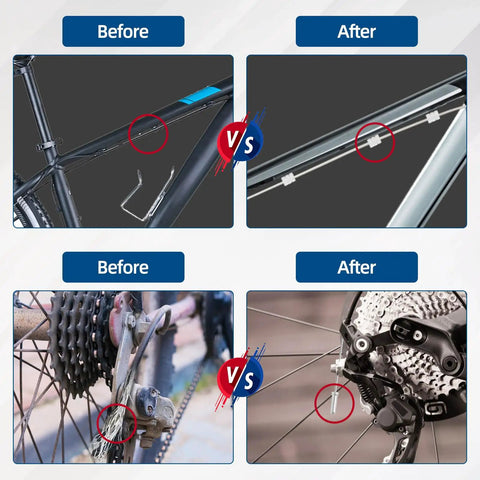 Before and after images comparing original and Universal Bike Brake Cable Set, 4 Pack 2M Standard Inner Wires For Mountain And Road Bikes installation.