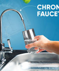 Straight Up Clean Drinking Water With This Slim Tankless Under Counter Filter System Using 5 Stage Filtration To Knock Out Chlorine And Funky Tastes Comes Ready With Chrome Faucet, glass catching filtered water.