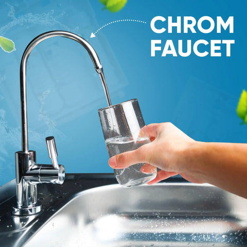 Straight Up Clean Drinking Water With This Slim Tankless Under Counter Filter System Using 5 Stage Filtration To Knock Out Chlorine And Funky Tastes Comes Ready With Chrome Faucet, glass catching filtered water.
