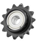 12 Tooth Roller Chain Sprocket For ISO 06B, 40mm OD, 8mm Bore, Three Eighth Inch Pitch Idler With Single Bearing, Heavy Duty Black Oxide Finish