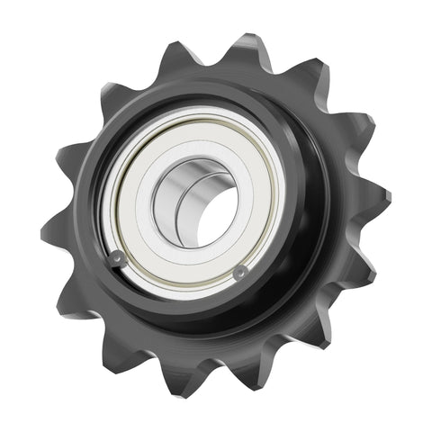 12 Tooth Roller Chain Sprocket For ISO 06B, 40mm OD, 8mm Bore, Three Eighth Inch Pitch Idler With Single Bearing, Heavy Duty Black Oxide Finish