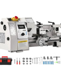 Top Tier Mini Metal Lathe 8 Inch By 14 Inch Swing Capacity Variable Speed 2250 Rpm 600W Motor Green Finish with accessory tools.