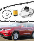 Nissan Transmission Oil Filter Pan Gasket Kit For JF011E RE0F10A Transmissions, showing filter, gasket, and red SUV.