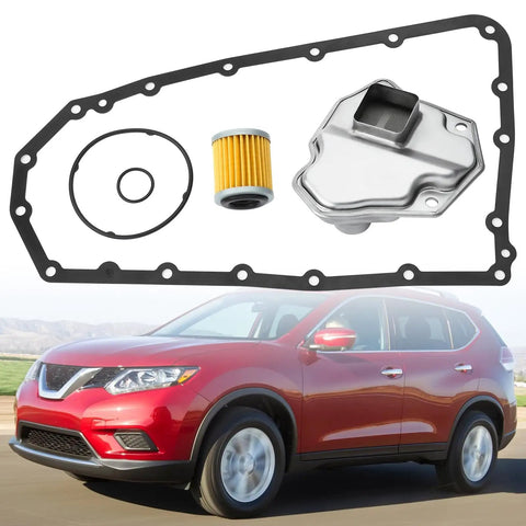 Nissan Transmission Oil Filter Pan Gasket Kit For JF011E RE0F10A Transmissions, showing filter, gasket, and red SUV.