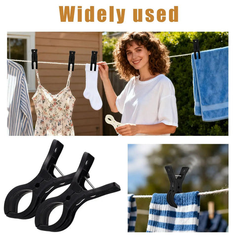 Premium Balloon Clips Kit 15 Pieces 9x5cm Heavy Duty Plastic Clamps in use on clothesline with towels and socks