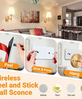 Wireless Battery Operated Wall Sconces Set Of 2 With Peel And Stick Indoor Lights No Wiring Nonsense Needed Super Bright Renter Friendly Home Decor Upgrade Package mounted on modern living room wall.