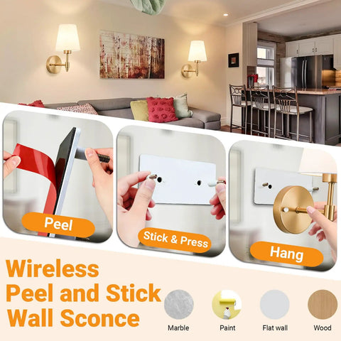 Wireless Battery Operated Wall Sconces Set Of 2 With Peel And Stick Indoor Lights No Wiring Nonsense Needed Super Bright Renter Friendly Home Decor Upgrade Package mounted on modern living room wall.