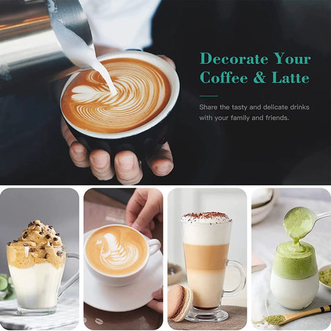 Various coffee drinks decorated with art using a Rechargeable Milk Frother With Three Speed Electric Handheld Coffee Mixer, White.