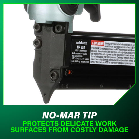Close-up of no-mar tip on Lightweight 23 Gauge Headless Pin Nailer For Cabinets Trim And Crafting Slick Pro Grade Pneumatic Nailer.