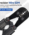 Heavy Duty Wire Rope Crimping Tool With Built In Wire Cutter Four Die Slots From Three Sixty Fourth To One Eighth Inch Pro Grade High Carbon Steel Swaging Tool For Marine Rigging Clotheslines Awnings Railings And Cable Projects, precision wire EDM, one-piece cut jaws close-up.