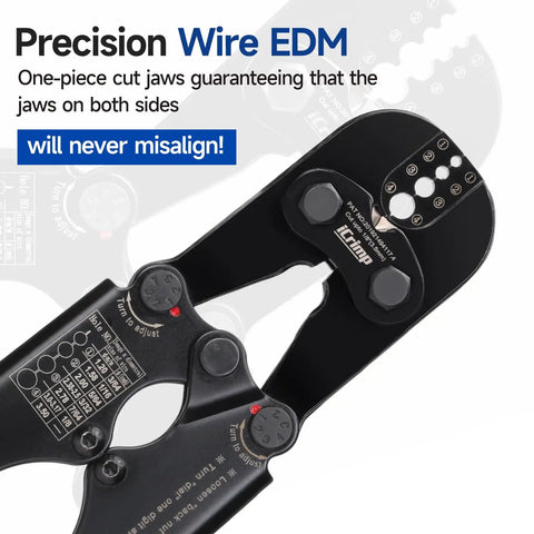 Heavy Duty Wire Rope Crimping Tool With Built In Wire Cutter Four Die Slots From Three Sixty Fourth To One Eighth Inch Pro Grade High Carbon Steel Swaging Tool For Marine Rigging Clotheslines Awnings Railings And Cable Projects, precision wire EDM, one-piece cut jaws close-up.